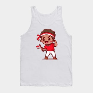 Cute Boy Holding Indonesian Flag Cartoon Tank Top